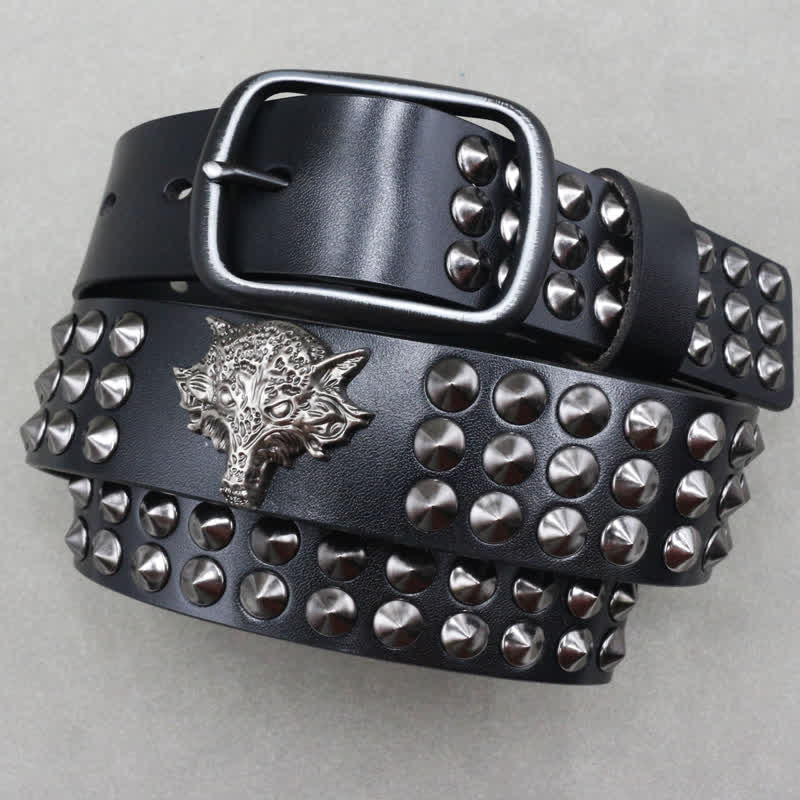 Ceinture en cuir cloutée à trois rangées de rivets à tête de loup