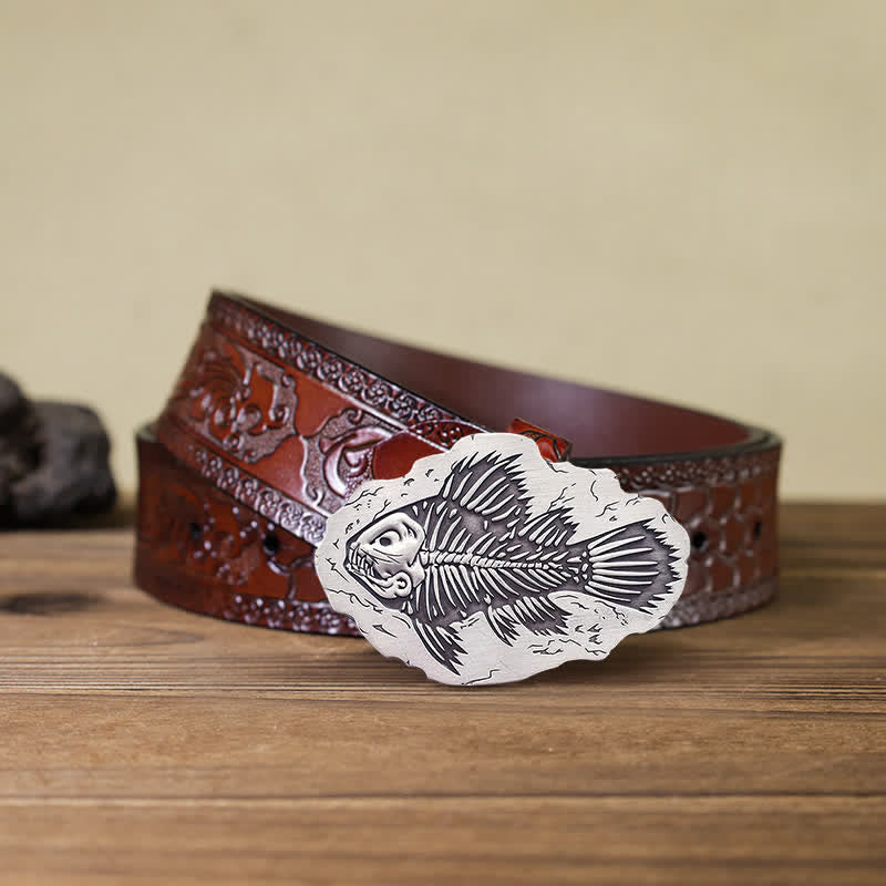 Ceinture en cuir à boucle fossile de poisson DIY pour homme