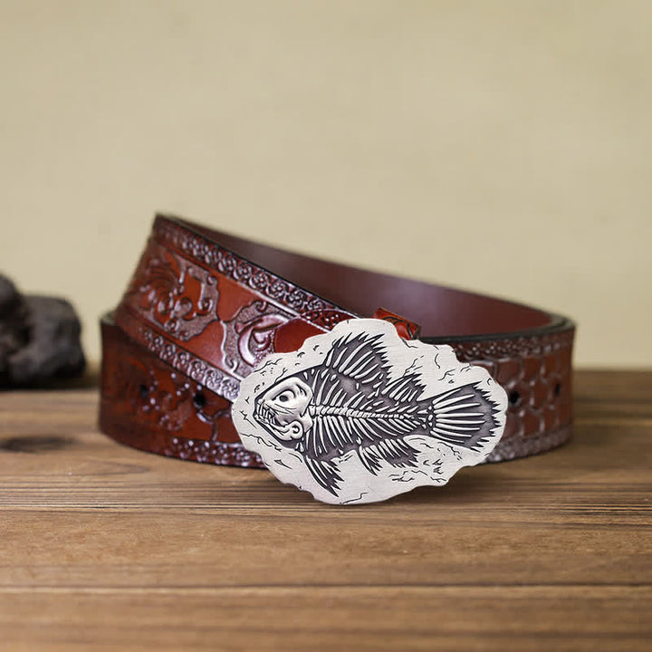 Ceinture en cuir à boucle fossile de poisson DIY pour homme