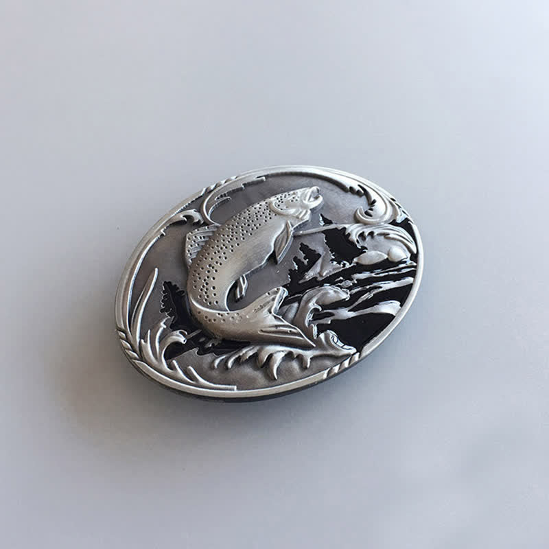 Ceinture en cuir à boucle pour homme avec motif de pêche et de faune