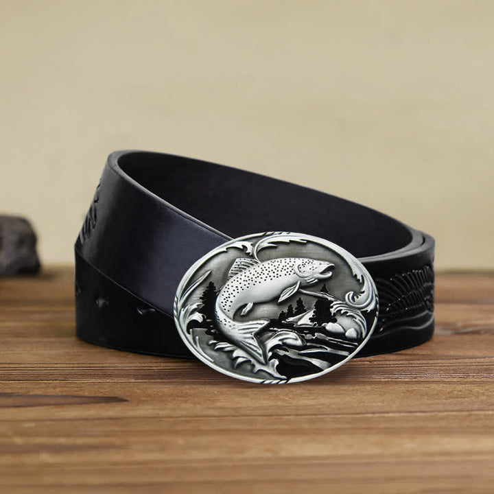 Ceinture en cuir à boucle pour homme avec motif de pêche et de faune