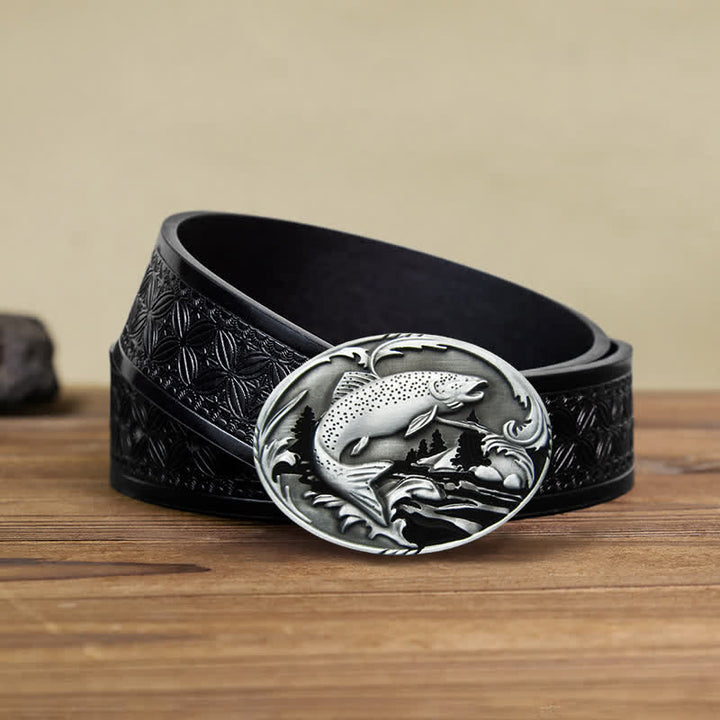 Ceinture en cuir à boucle pour homme avec motif de pêche et de faune