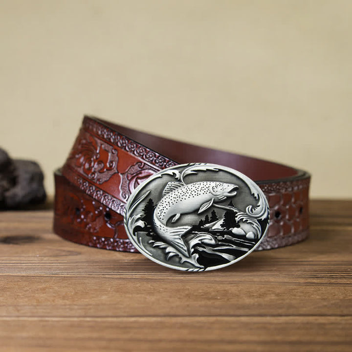 Ceinture en cuir à boucle pour homme avec motif de pêche et de faune