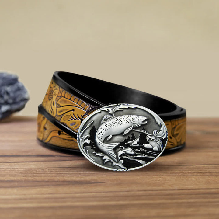 Ceinture en cuir à boucle pour homme avec motif de pêche et de faune
