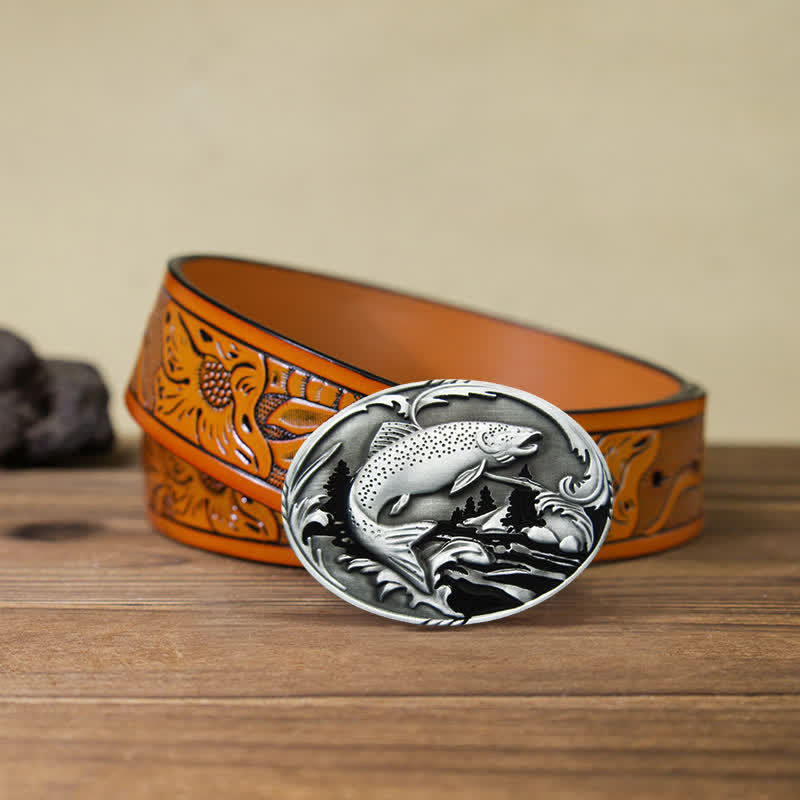Ceinture en cuir à boucle pour homme avec motif de pêche et de faune