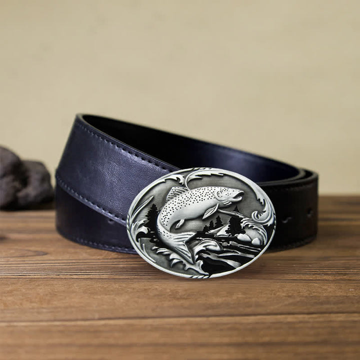 Ceinture en cuir à boucle pour homme avec motif de pêche et de faune