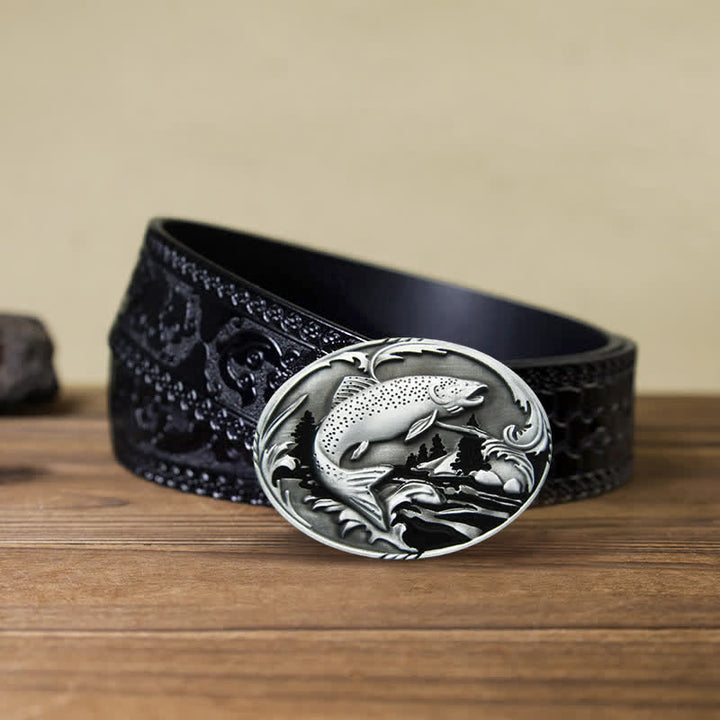 Ceinture en cuir à boucle pour homme avec motif de pêche et de faune