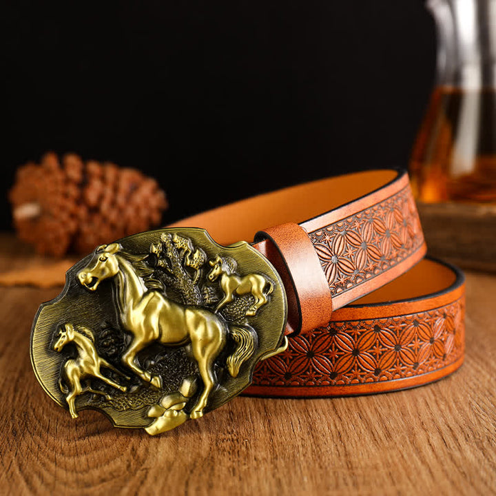 Ceinture en cuir à imprimé floral avec boucle cheval et vache