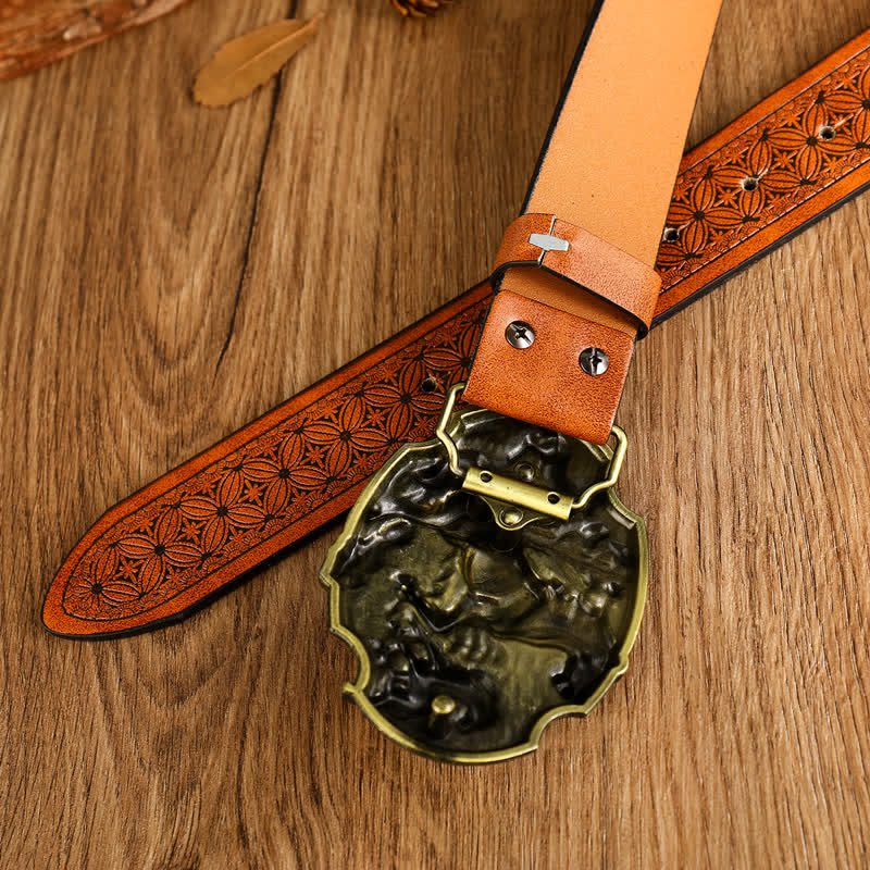 Ceinture en cuir à imprimé floral avec boucle cheval et vache