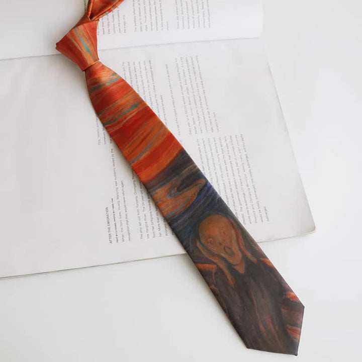Cravate rouge rouille pour homme avec peinture à l'huile The Scream