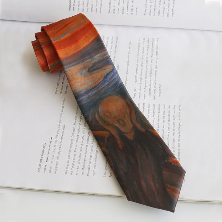 Cravate rouge rouille pour homme avec peinture à l'huile The Scream
