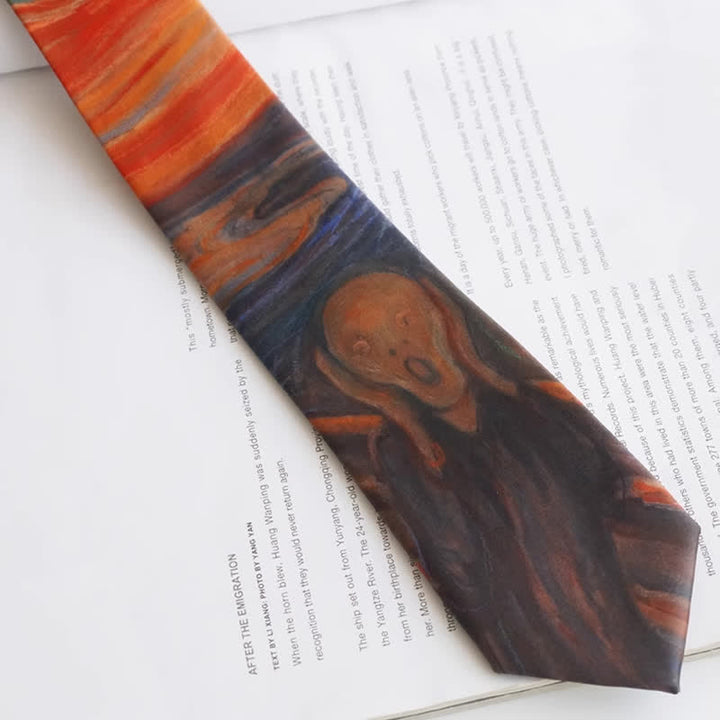 Cravate rouge rouille pour homme avec peinture à l'huile The Scream