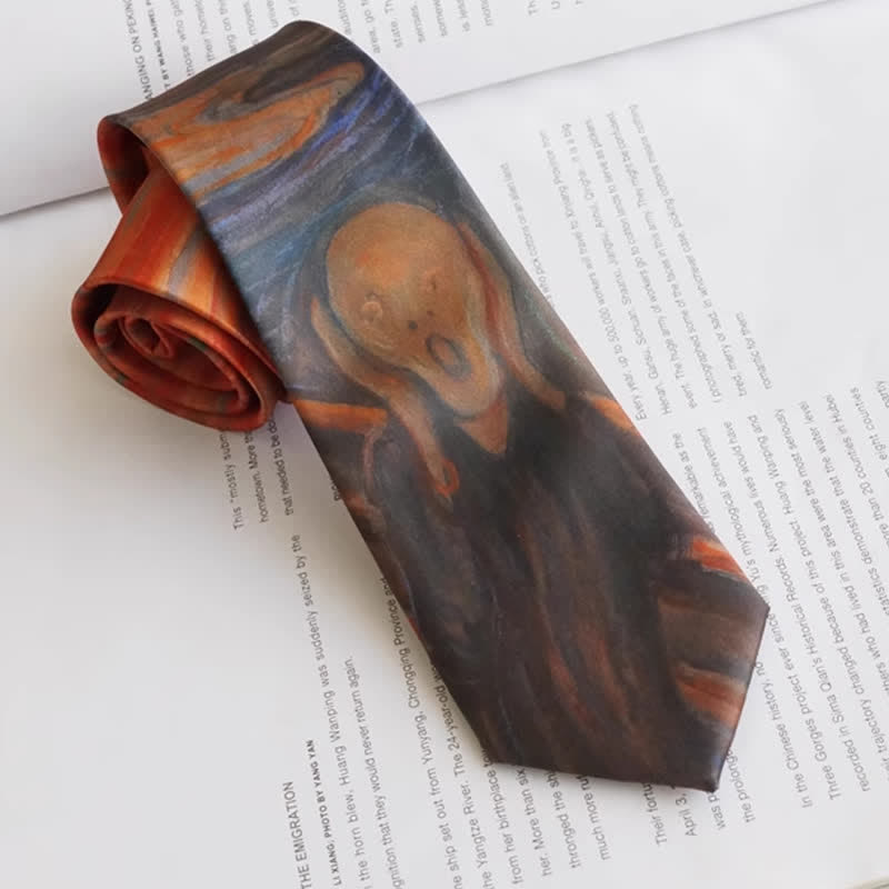Cravate rouge rouille pour homme avec peinture à l'huile The Scream