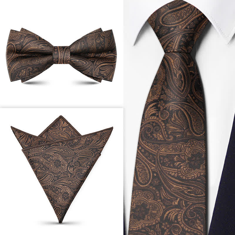 Ensemble de 3 cravates à nœud papillon Paisley pour homme de la série Brown