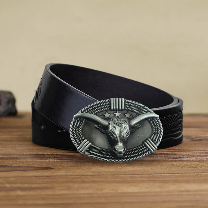 Ceinture en cuir à boucle tête de taureau rétro à cinq étoiles pour homme