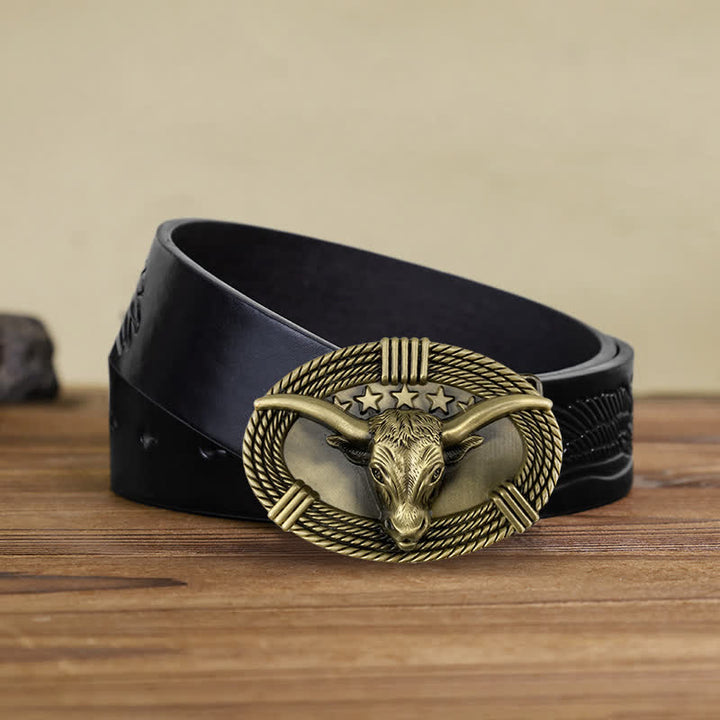 Ceinture en cuir à boucle tête de taureau rétro à cinq étoiles pour homme