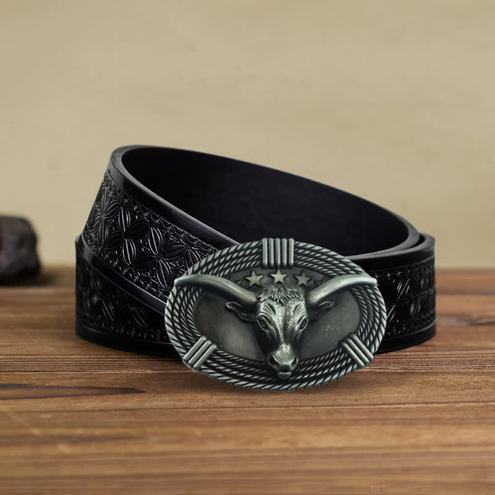 Ceinture en cuir à boucle tête de taureau rétro à cinq étoiles pour homme