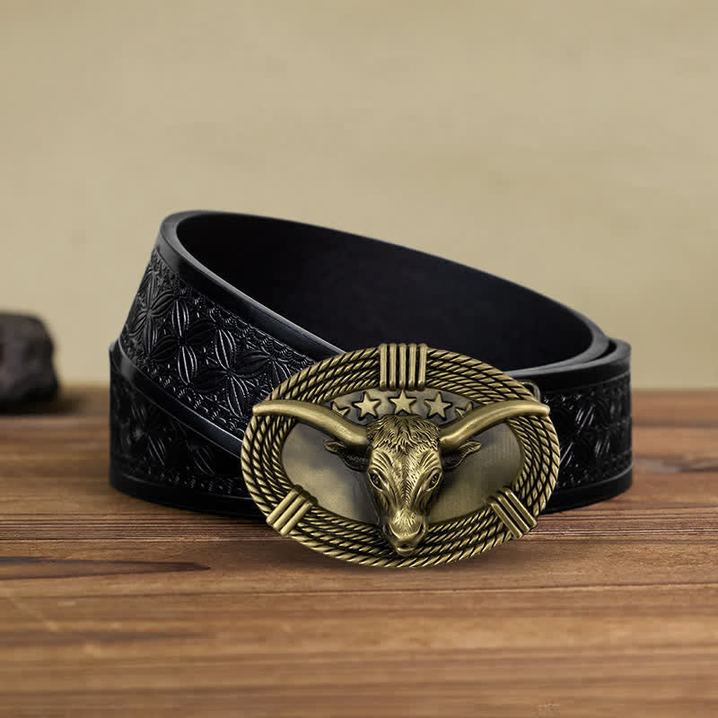 Ceinture en cuir à boucle tête de taureau rétro à cinq étoiles pour homme