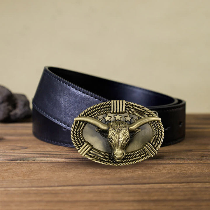 Ceinture en cuir à boucle tête de taureau rétro à cinq étoiles pour homme
