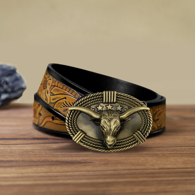Ceinture en cuir à boucle tête de taureau rétro à cinq étoiles pour homme