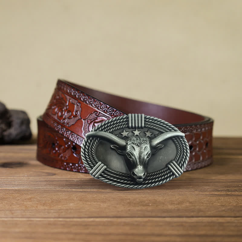 Ceinture en cuir à boucle tête de taureau rétro à cinq étoiles pour homme