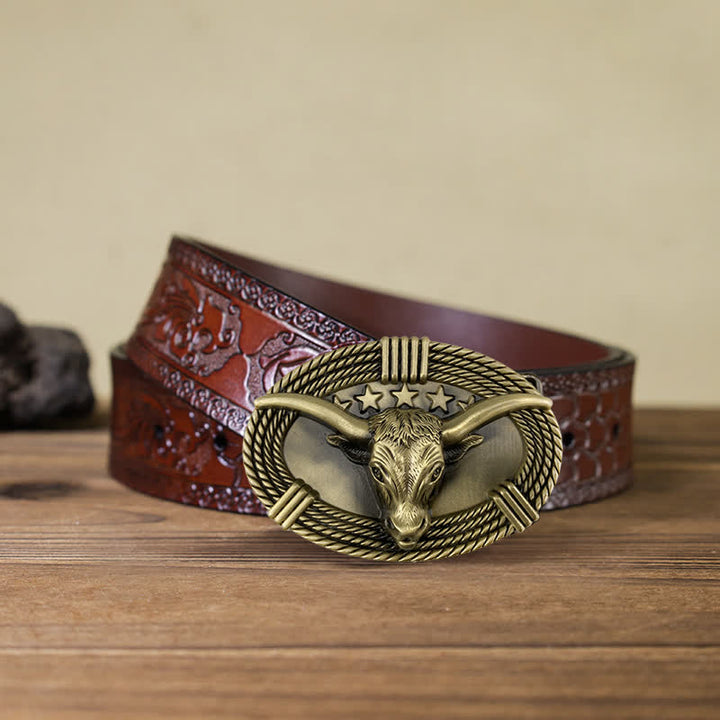 Ceinture en cuir à boucle tête de taureau rétro à cinq étoiles pour homme