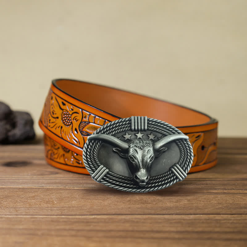 Ceinture en cuir à boucle tête de taureau rétro à cinq étoiles pour homme