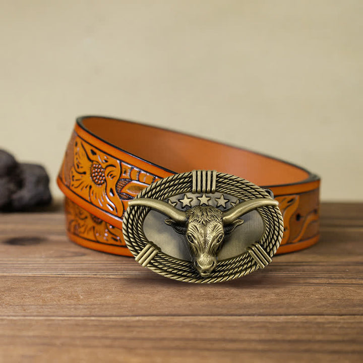 Ceinture en cuir à boucle tête de taureau rétro à cinq étoiles pour homme