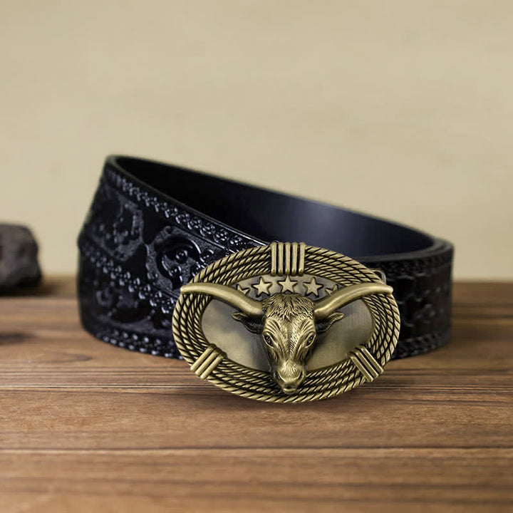 Ceinture en cuir à boucle tête de taureau rétro à cinq étoiles pour homme