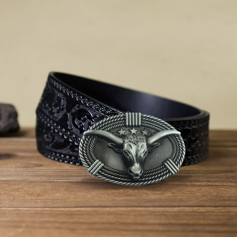 Ceinture en cuir à boucle tête de taureau rétro à cinq étoiles pour homme