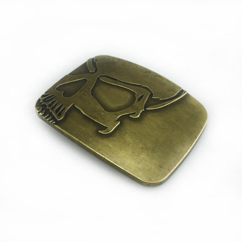 Ceinture en cuir à boucle tête de mort en relief bronze pour homme