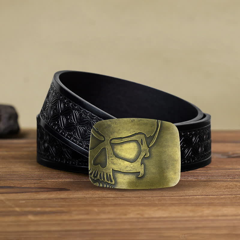 Ceinture en cuir à boucle tête de mort en relief bronze pour homme