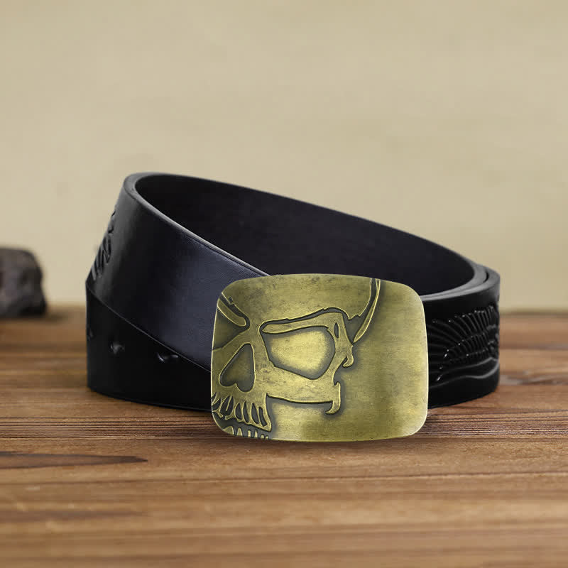 Ceinture en cuir à boucle tête de mort en relief bronze pour homme