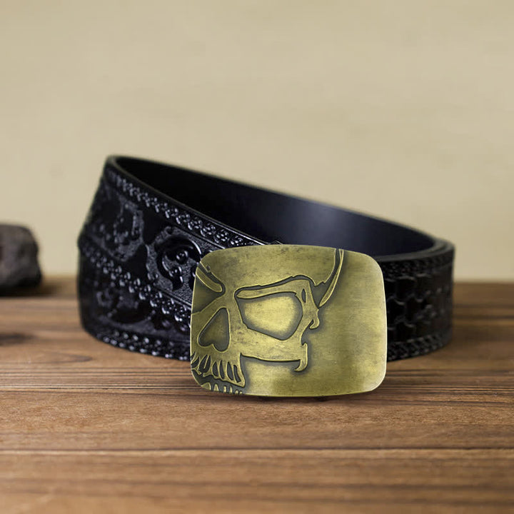 Ceinture en cuir à boucle tête de mort en relief bronze pour homme