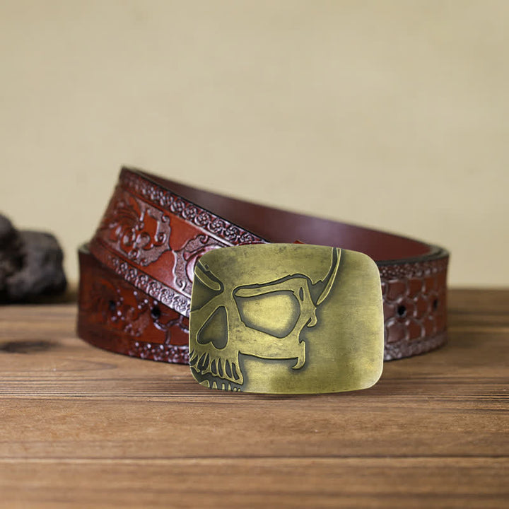 Ceinture en cuir à boucle tête de mort en relief bronze pour homme