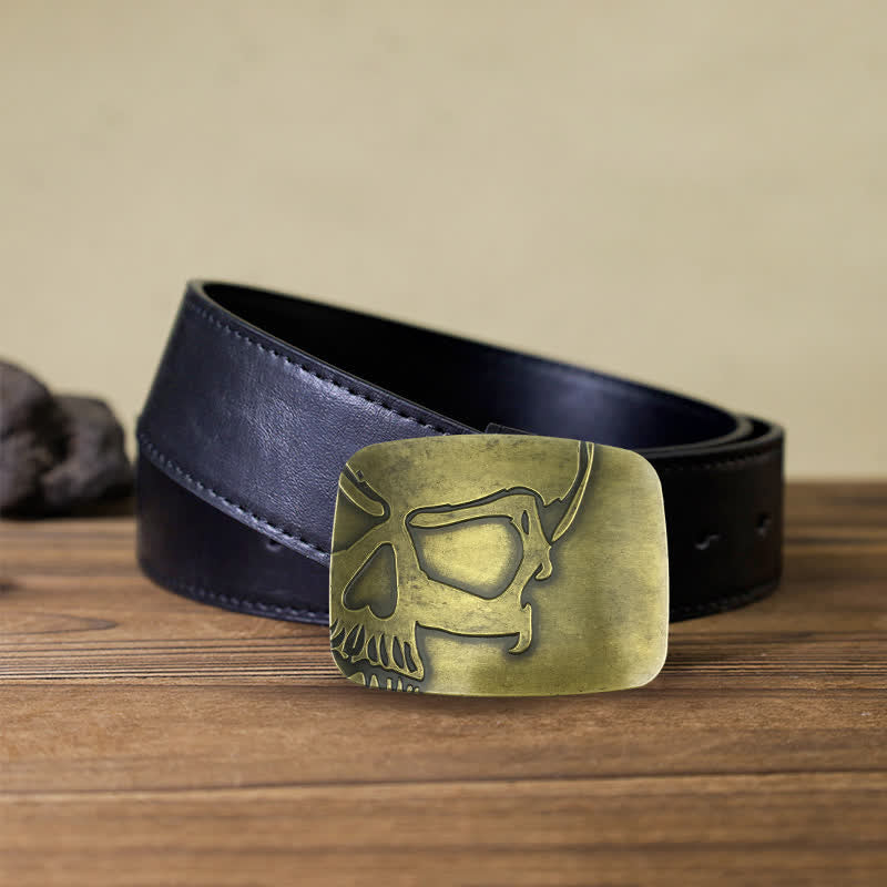 Ceinture en cuir à boucle tête de mort en relief bronze pour homme