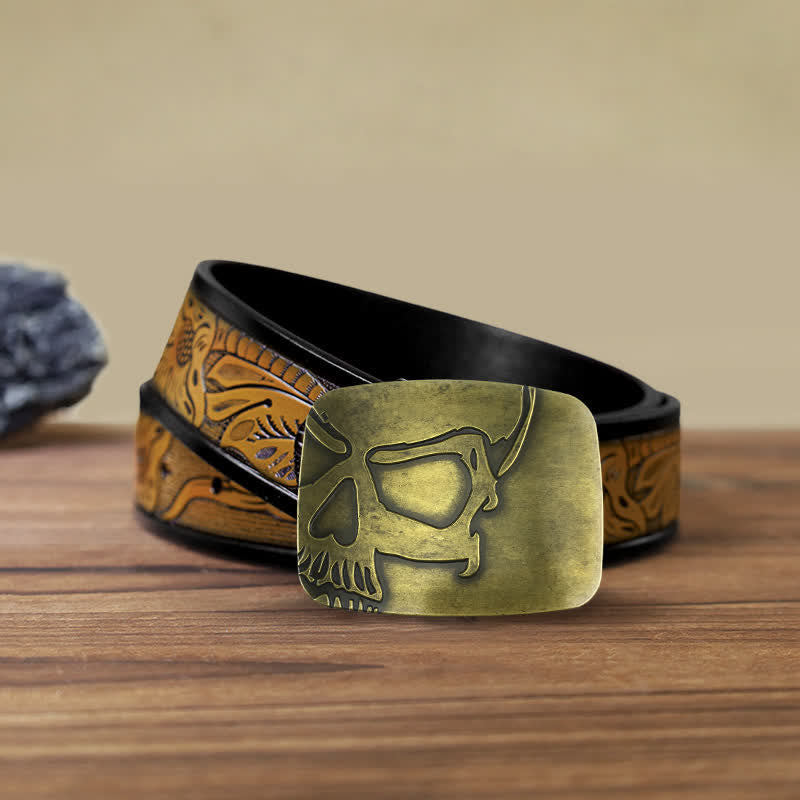 Ceinture en cuir à boucle tête de mort en relief bronze pour homme