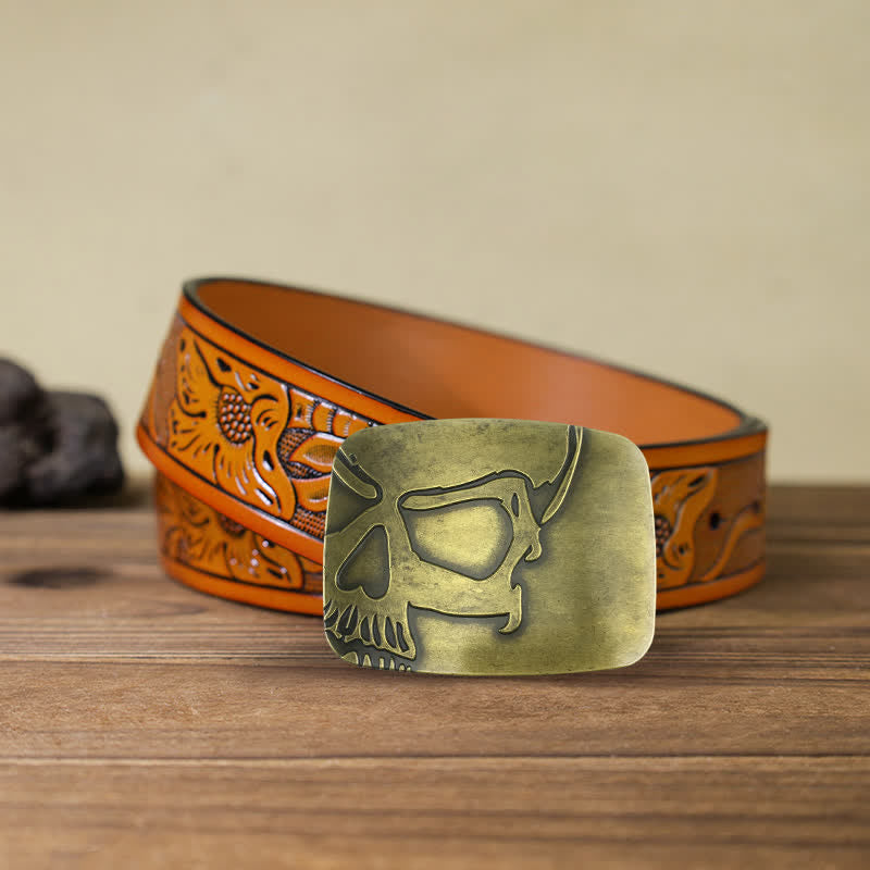 Ceinture en cuir à boucle tête de mort en relief bronze pour homme