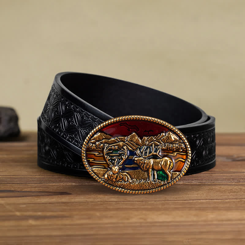 Ceinture en cuir à boucle en émail pour homme avec motif cerf sauvage