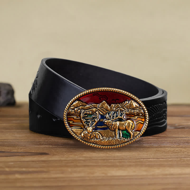 Ceinture en cuir à boucle en émail pour homme avec motif cerf sauvage