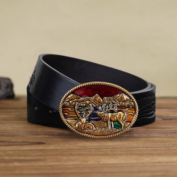 Ceinture en cuir à boucle en émail pour homme avec motif cerf sauvage