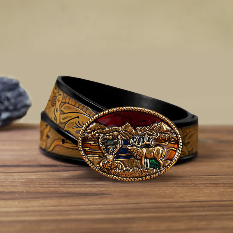 Ceinture en cuir à boucle en émail pour homme avec motif cerf sauvage