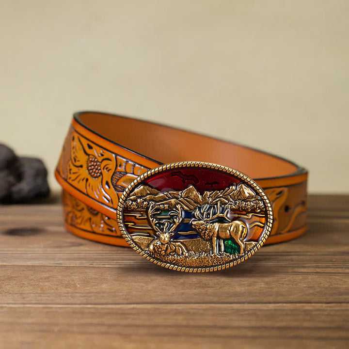 Ceinture en cuir à boucle en émail pour homme avec motif cerf sauvage