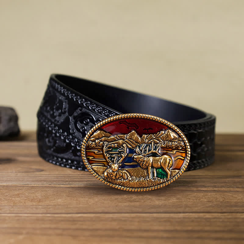 Ceinture en cuir à boucle en émail pour homme avec motif cerf sauvage