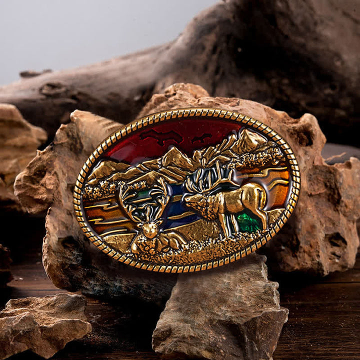 Ceinture en cuir à boucle en émail pour homme avec motif cerf sauvage