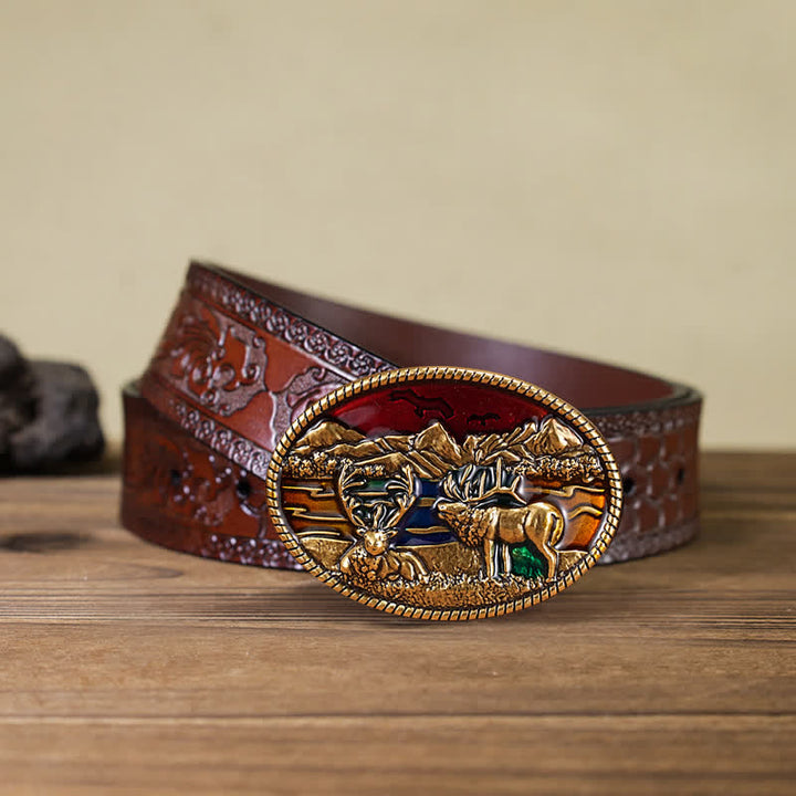 Ceinture en cuir à boucle en émail pour homme avec motif cerf sauvage