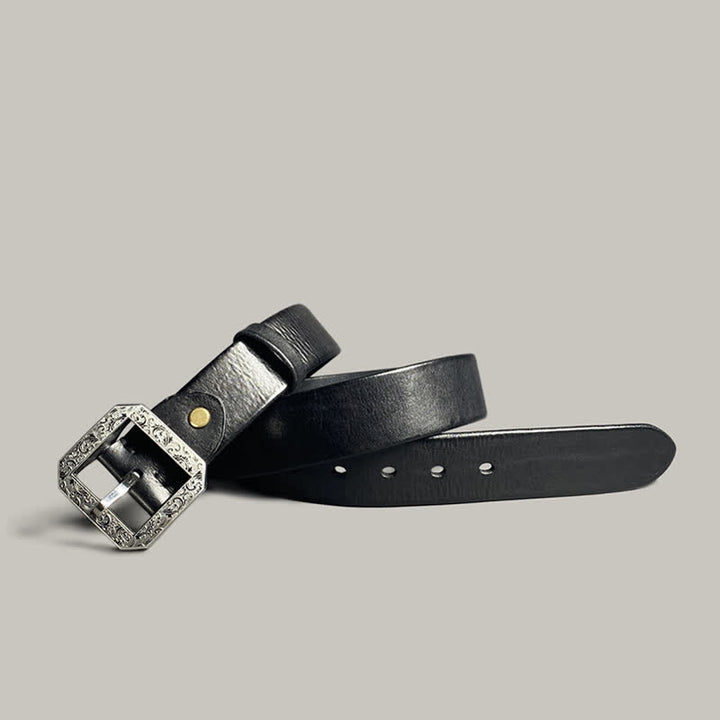 Ceinture en cuir pour pantalon avec boucle gravée à motif floral carré