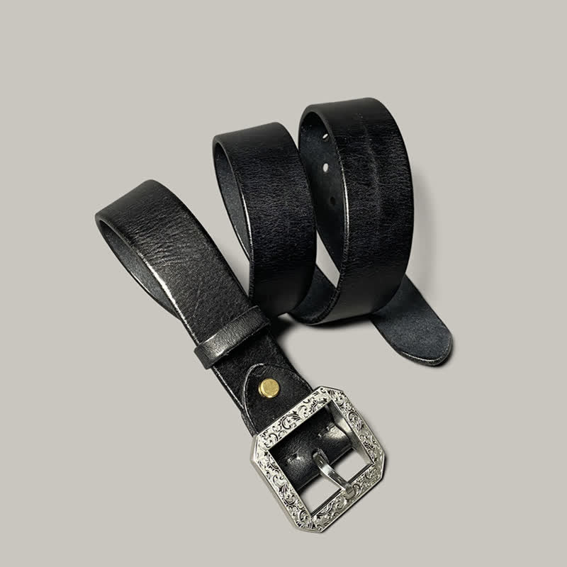 Ceinture en cuir pour pantalon avec boucle gravée à motif floral carré