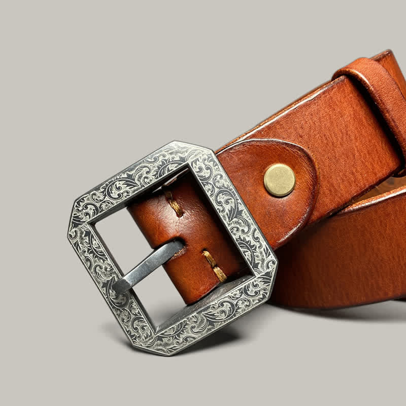 Ceinture en cuir pour pantalon avec boucle gravée à motif floral carré