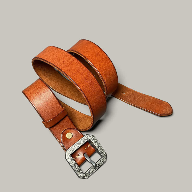 Ceinture en cuir pour pantalon avec boucle gravée à motif floral carré